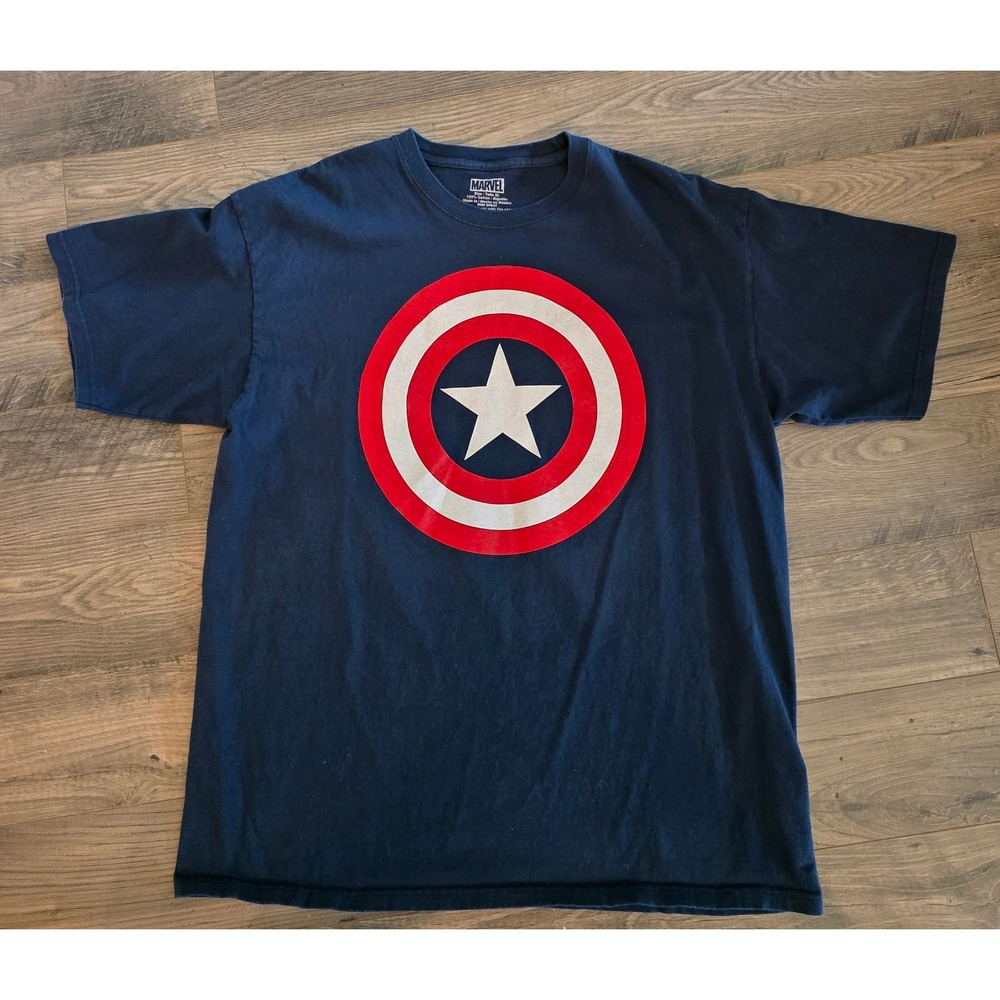 Mens XL Marvel Captain America Shield Graphic T-Shirt Navy Blue Short Sleeve Tee